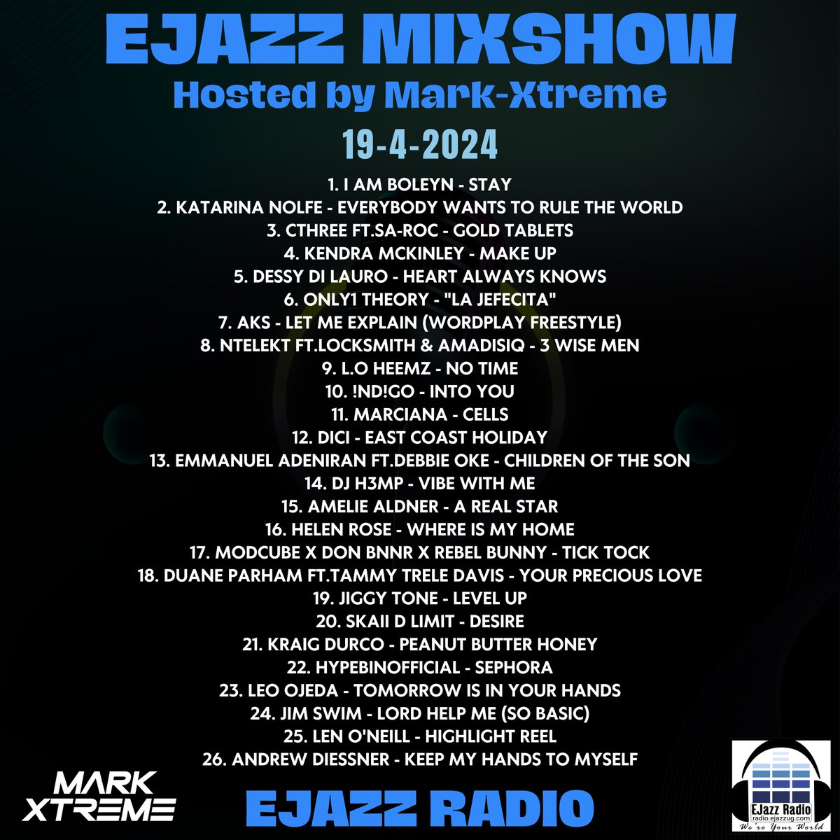 #EjazzMixShow Mon-Friday 1-2pm EAT on Ejazz Radio hosted by Dj Mark-Xtreme

19-4-2024 Playlist

#MixShow #Newmusic #goodmusic #Radio #Indieartists #indiemusic