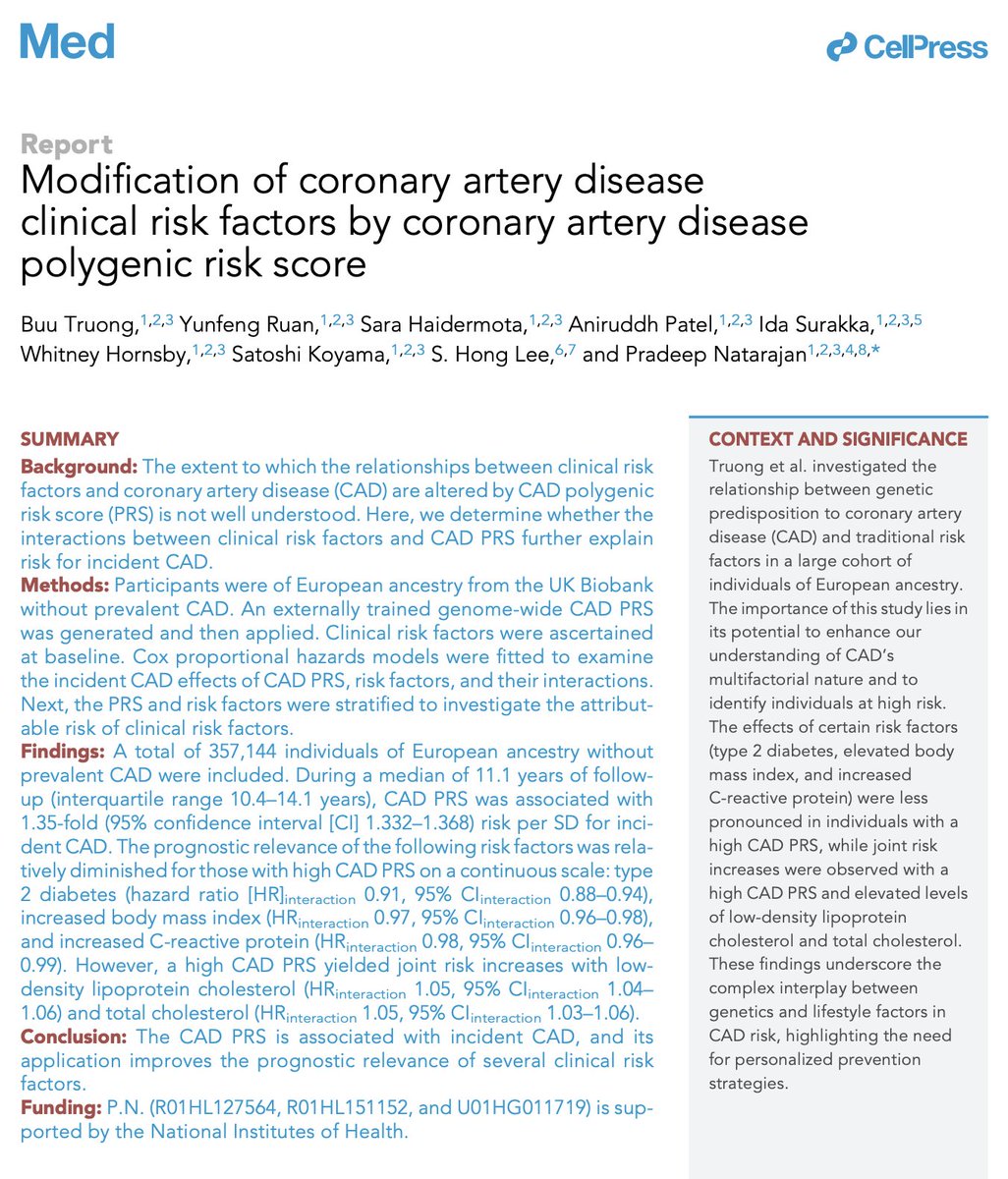 Genetic risk shouldn't be considered in isolation. Our work led by @buutrg shows how clinical risk factors and a coronary artery disease polygenic risk score interact to optimally inform coronary artery disease risk. sciencedirect.com/science/articl… @MedCellPress