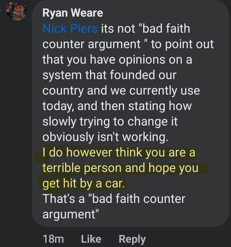 Me, arguing that capitalism is bad and society should move away from our dependence on fossil fuel. This guy: 'You're a terrible person and I hope you get hit by a car.' A threat of violence over a fucking opinion.