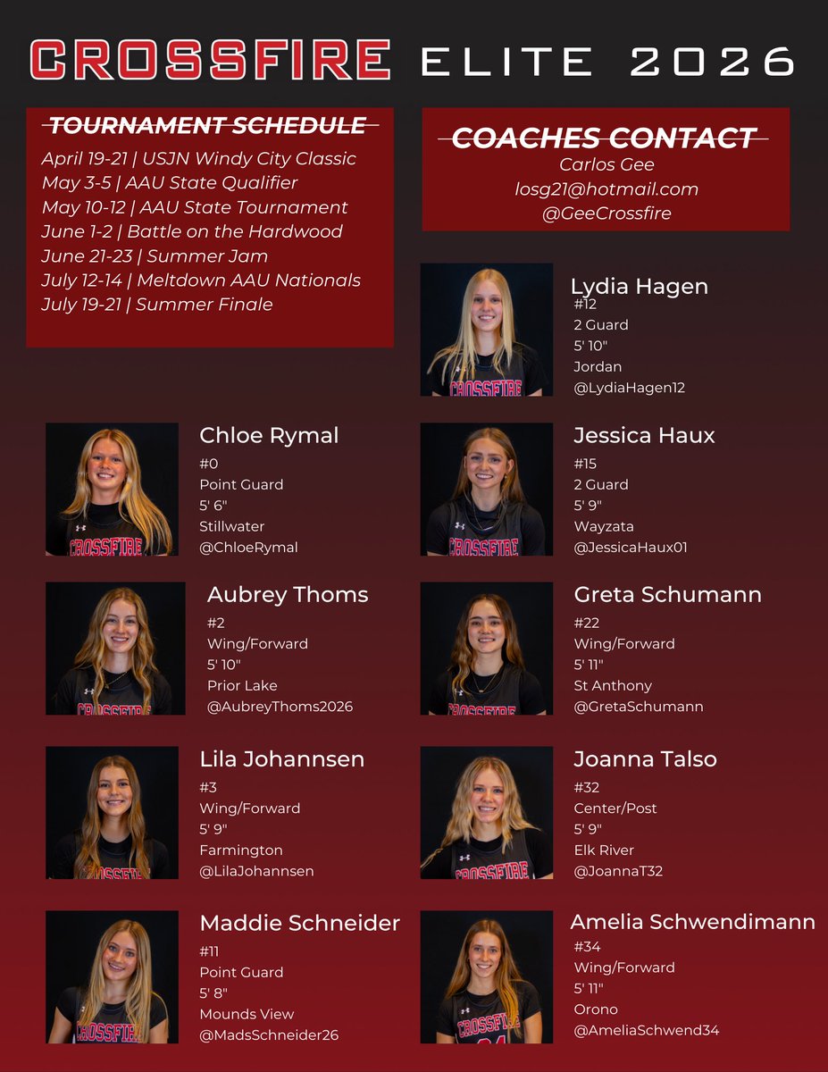 Crossfire Elite 2026 (@geecrossfire) on Twitter photo What an amazing group! 🤩
<a href="/CrossfireGHoops/">Crossfire Girls Hoops MN AAU</a> <a href="/EricJrAllStar/">EricJrAllStar</a> <a href="/FiveStateHoops/">Five State Hoops</a> <a href="/GMacHoops/">Grant McGinnis</a> <a href="/BlueStarMedia1/">BlueStar Media</a> <a href="/TheMikePeden/">Mike Peden</a> <a href="/PGHMinnesota/">Prep Girls Hoops Minnesota</a> <a href="/tonyragtime76/">Tony Ragulen</a> What an amazing group! 🤩
<a href="/CrossfireGHoops/">Crossfire Girls Hoops MN AAU</a> <a href="/EricJrAllStar/">EricJrAllStar</a> <a href="/FiveStateHoops/">Five State Hoops</a> <a href="/GMacHoops/">Grant McGinnis</a> <a href="/BlueStarMedia1/">BlueStar Media</a> <a href="/TheMikePeden/">Mike Peden</a> <a href="/PGHMinnesota/">Prep Girls Hoops Minnesota</a> <a href="/tonyragtime76/">Tony Ragulen</a>