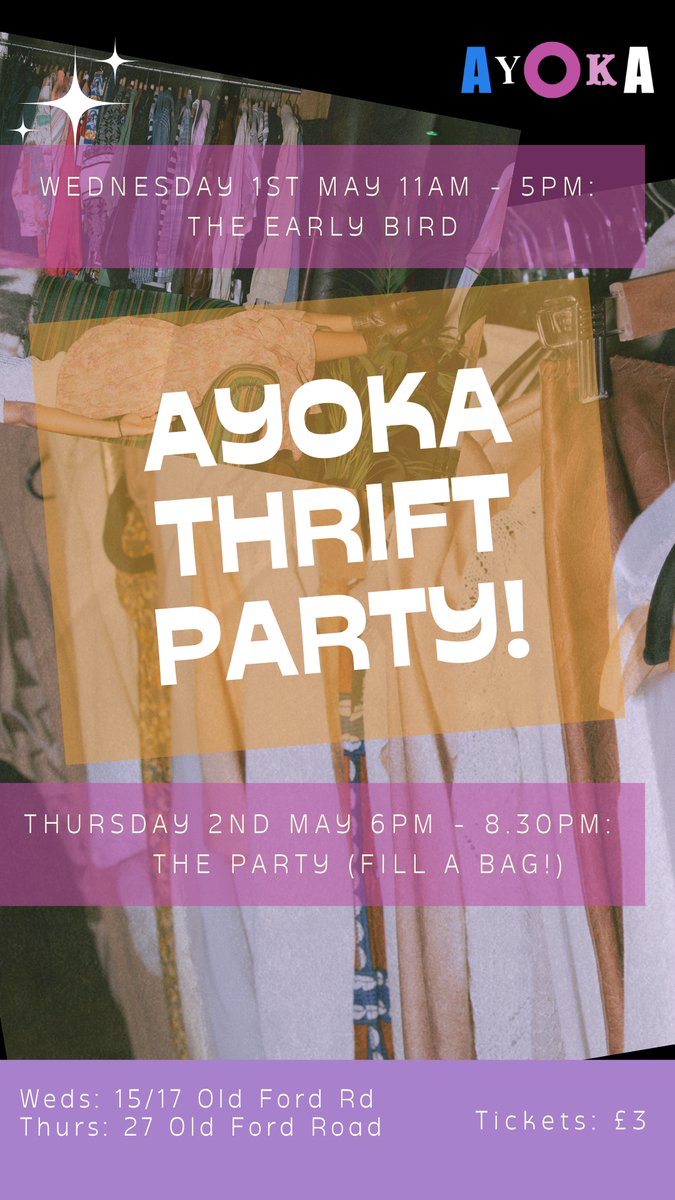 Thinking about a sustainable refresh for your wardrobe or home? Join us on Wednesday 1st and Thursday 2nd May for our Ayoka Early Bird Sale & Thrift Party! stmargaretshouse.org.uk/events/ayoka-f…