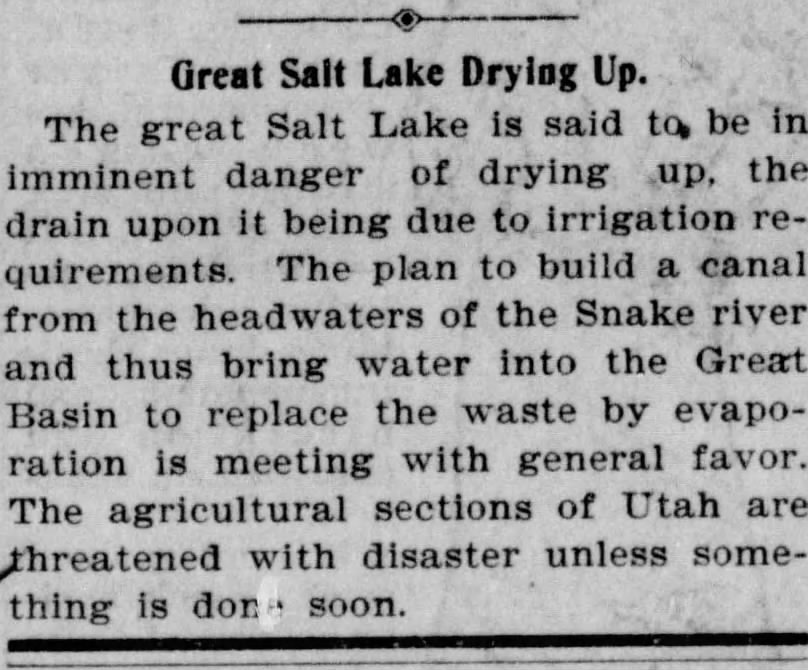 whoa, today I learned there was once a proposal to divert the Snake River to the Great Salt Lake... from the Silver State (Winnemucca, Nev.), March 1901