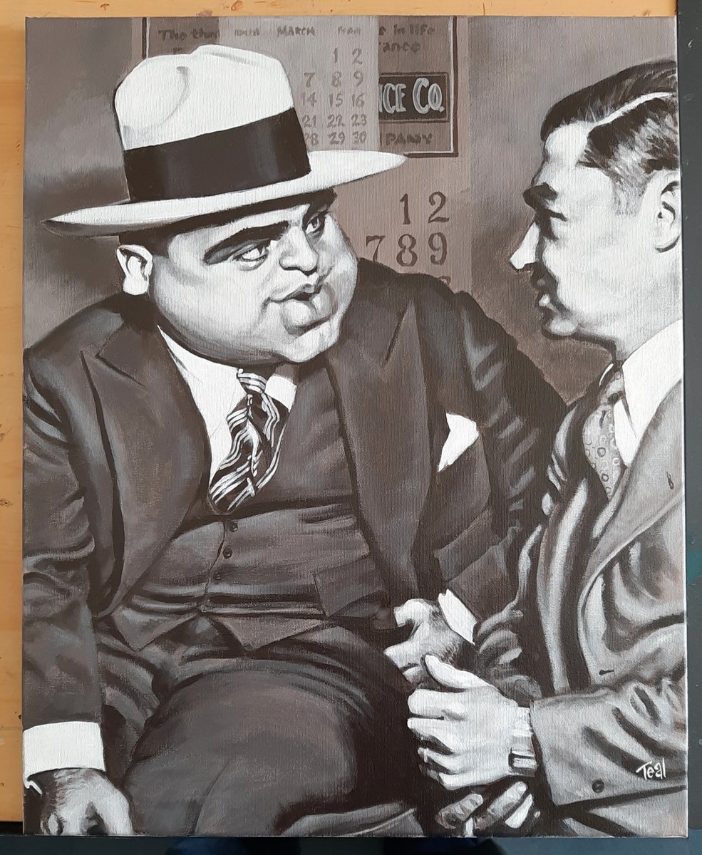 I have just finished this Al Capone painting, which is the first in a series I'm planning, inspired by Prohibition-era America. It captures a moment during a break in his trial for income tax evasion. I don't envy his lawyer. #caricature