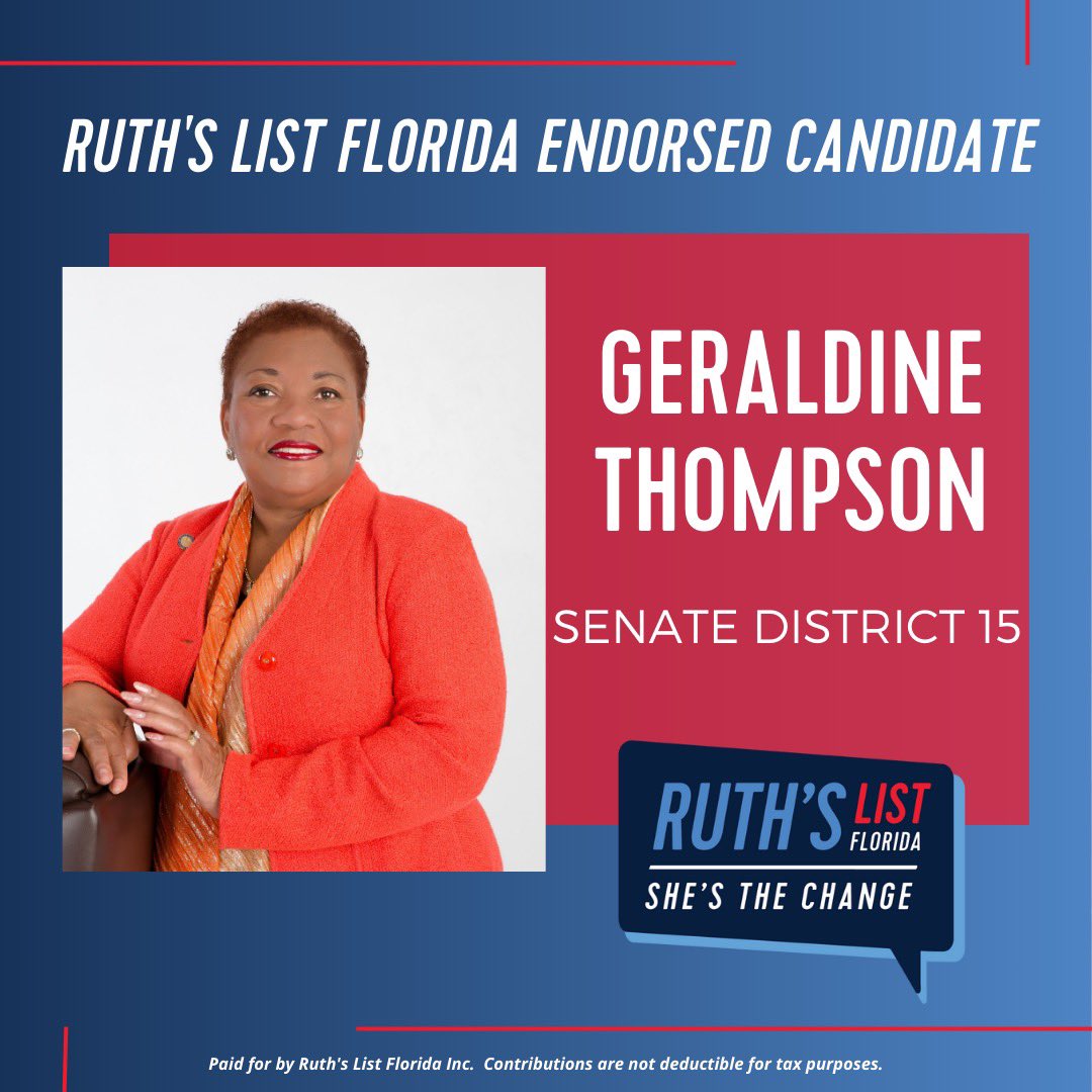 Ruth’s List is so proud to announce our endorsement of Senator Geraldine Thompson! For over 40 years, she has been a fighter for children and families, and a pillar for women and girls to look up to. Help us send her back to the Florida Senate by visiting electgeraldine.com.