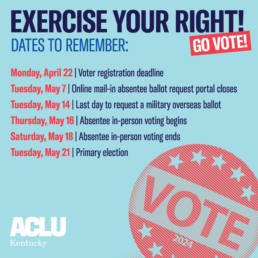 REMINDER: Mon, 4/22, is the last day to register to vote in the primary! Are you ready? ✅ Visit bit.ly/KYVoterinfo to register or renew, find your polling location, & more. ✅ Bookmark this graphic for other important upcoming dates. See you at the polls!