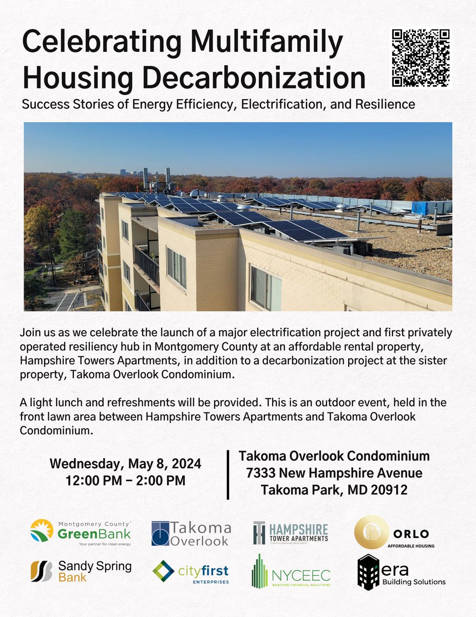 Join @MCGreenBank for a landmark event spotlighting the success of local #energyefficiency and #electrification initiatives at @TakomaParkMD. We're thrilled to unveil the first privately operated #resiliencyhub in Montgomery County at Hampshire Towers Apartments, and to share…