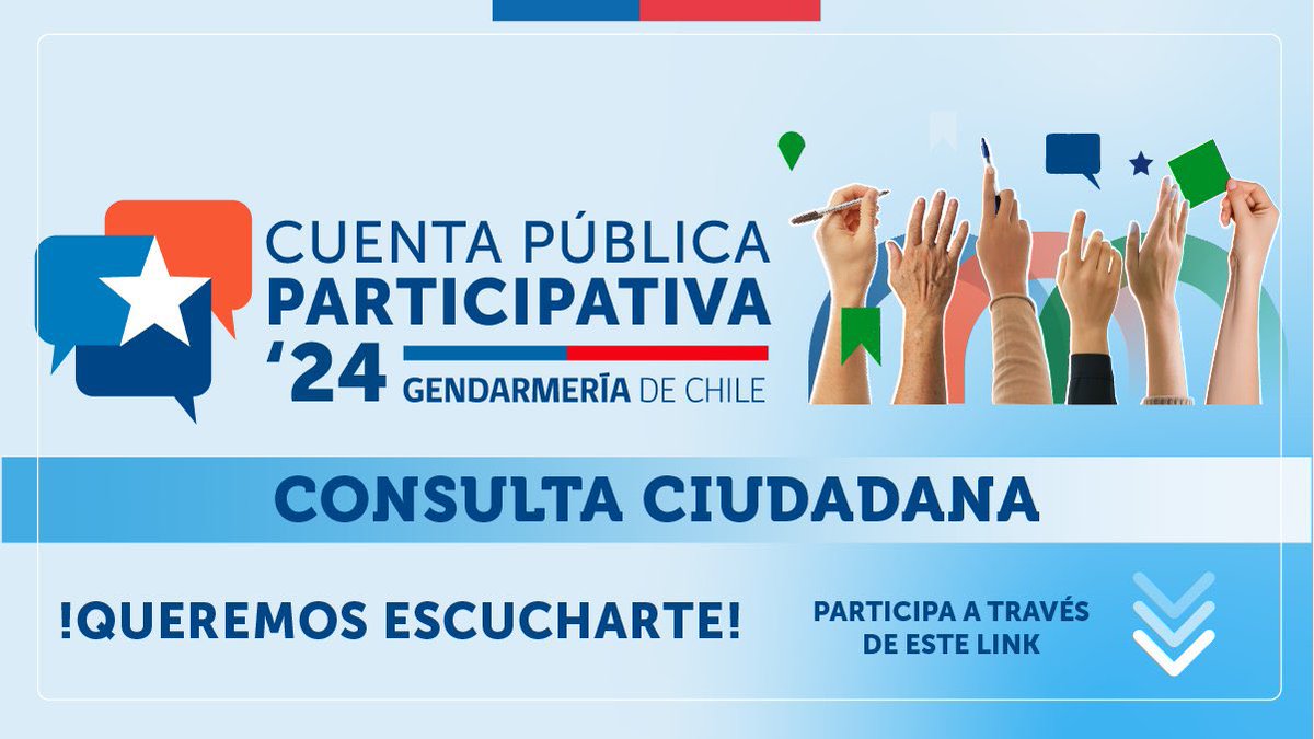 ¡𝐐𝐮𝐞𝐫𝐞𝐦𝐨𝐬 𝐞𝐬𝐜𝐮𝐜𝐡𝐚𝐫𝐭𝐞! Tu opinión permite que nuestra Cuenta Pública Participativa 2024, refleje los intereses y temáticas de la ciudadanía en torno al sistema penitenciario. Conoce más aquí: bit.ly/consultaciudad… #SomosReinserciónySeguridadPública