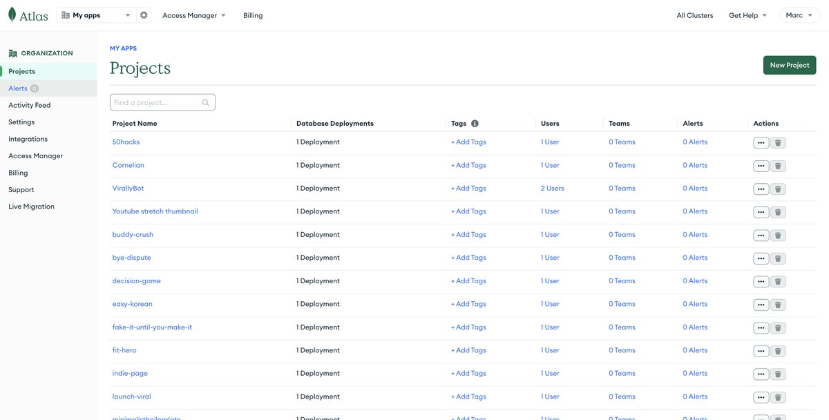 marc_louvion's tweet image. My database is hosted on MongoDB Atlas. I create a free M0 customer for each new project and use daily backups ($10/month). I use mongoose on top to simplify queries.