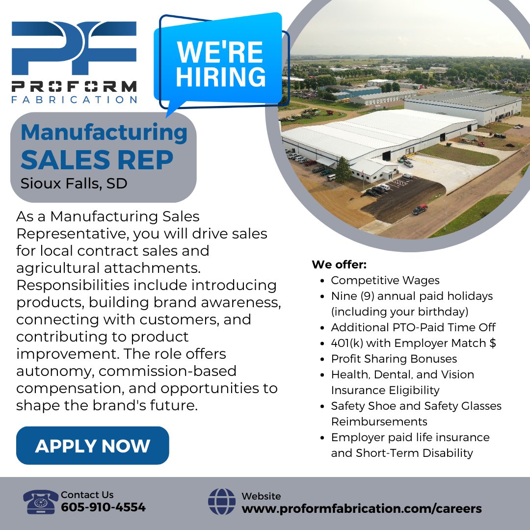 LlcProform's tweet image. Join our team in Sioux Falls! We are looking for a dynamic Sales Rep to drive growth in our manufacturing division. If you&apos;re motivated, ambitious, and ready to make an impact, we want to hear from you. Take your career to the next level with us. Apply now!