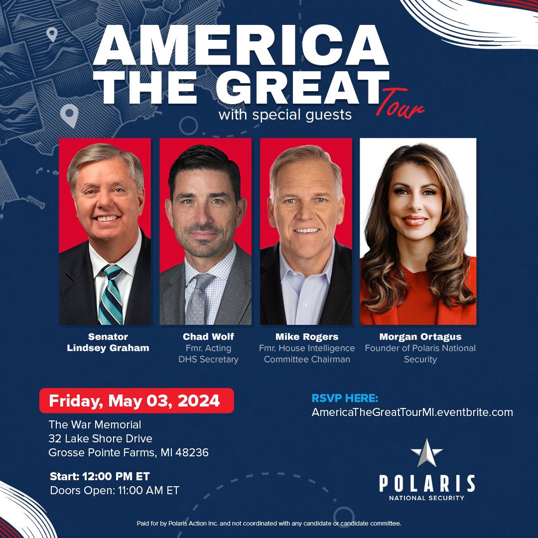 Excited for the next chapter of our “AMERICA THE GREAT” tour as we head to Michigan on Friday, May 3rd! Join us for this exciting event, featuring special guests: 🇺🇸 @LindseyGrahamSC 🇺🇸 @ChadFWolf 🇺🇸 @MikeRogersForMI Secure your spot now by RSVPing!…