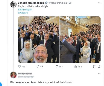 Akp milletvekili Bahadır Yenişehirlioğlu kolunda 562 Bin TL’lik Rolex saatiyle “Biz bu Milletin ta kendisiyiz ” diyor. Kaçınızda Rolex var söyleyin de; Bahadır bey kaç kişilik bir milletin “Ta Kendisi” oluyormuş öğrenelim..