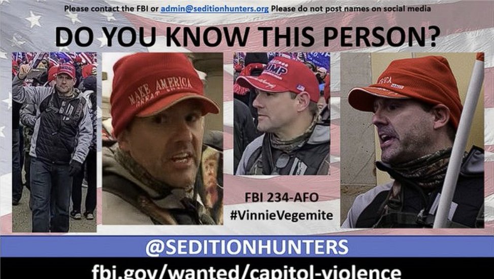 Please share across all platforms. Do you Know this person?? Please contact the FBI with photo 234 Please do not post names on social media #VinnieVegemite #DCRiots #CapitolRiots