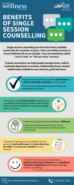 Access Wellness Nova Scotia is a free, single-session counselling service for individuals, couples or families experiencing grief, loss or those who need extra support with something in their life. 

To learn more, and make an appointment, visit: AccessWellnessNovaScotia.ca