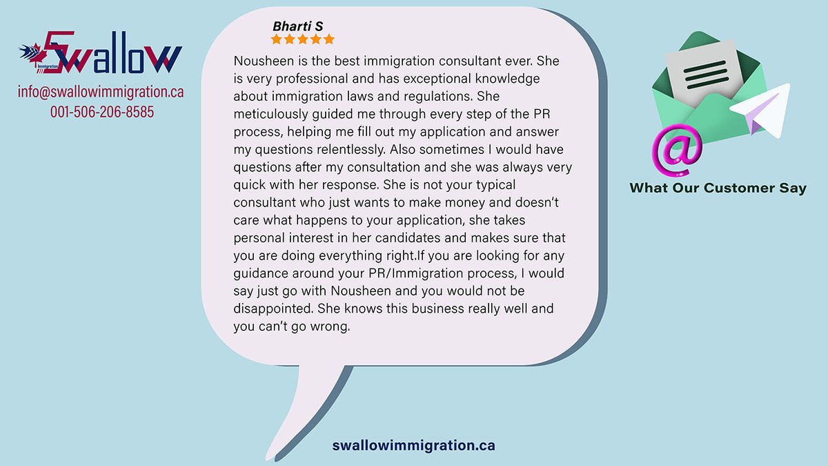NewbrunswickCa's tweet photo. Swallow Immigration Consultancy Inc. Reviews
"Nousheen is the best immigration consultant ever...
#swallowimmigrationconsultancyinc #reviews #SwallowImmigrationCustomerReviews #googlereviews #ImmigrationConsultancylawyer #PR #consultancycanada #newbrunswick #newbrunswicknews https://t.co/KjiJW7DO30
