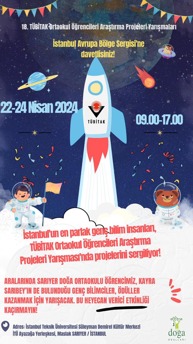 18.TÜBİTAK sergisi'ne davetlisiniz! İstanbul'un genç bilimcileri projelerini sergiliyor. Sarıyer Doğa'dan Kayra Sarıbey de yarışıyor! #Bilim #TÜBİTAK @DogaOkullari @cigdemmolla @arzuozsu @mftufekci @GulssahKaya @AdemKoltukoglu