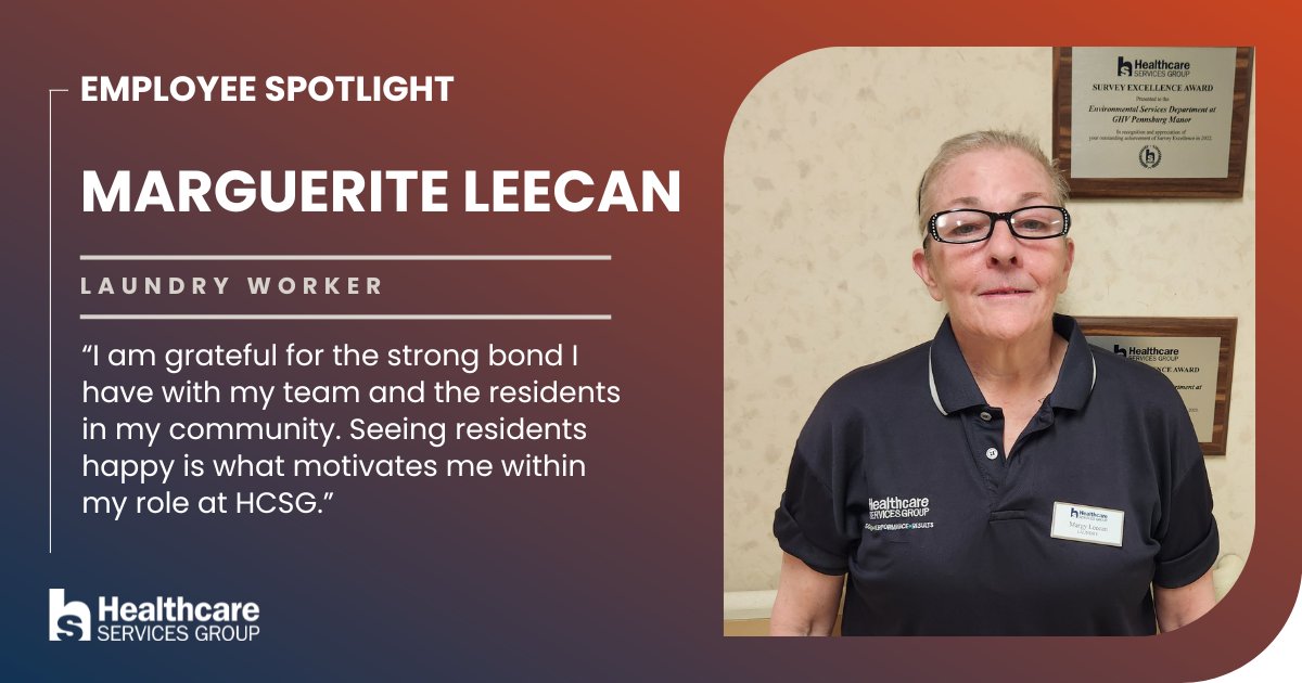 #EmployeeSpotlight | Laundry Worker Marguerite Leecan shares the gratitude she experiences from the connections formed within her role at HCSG. #WeAreHCSG #HCSG #PeopleServingExperience
