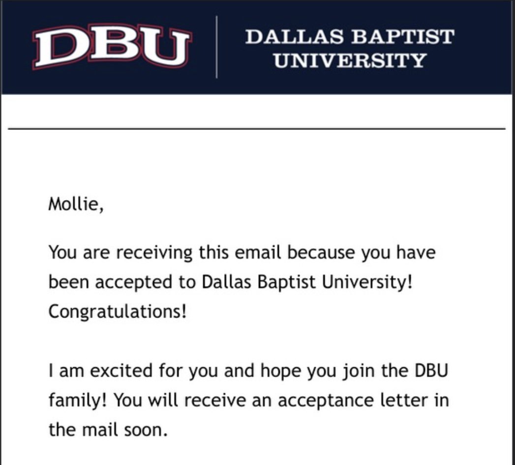RachelFraser_4's tweet photo. We are so excited for Mollie Fraser and her first college acceptance to @DBUPatriots! This is so amazing and we are very proud of you! ❤️🤍💙 #gopats #Champions4Christ @DBUCheer @GrapevineCheer https://t.co/2QdxdAcSHm