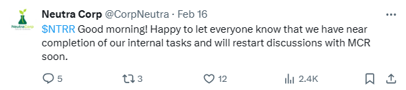 $NTRR in at T3 - 2.7B float

I've added some $NTRR this week as a hold.

Catalysts:
- Competition of the merger with mercurycr.us.com
- Update on the acquisition of imedworx.com
- viviscorp.com launch of new e-commerce platform