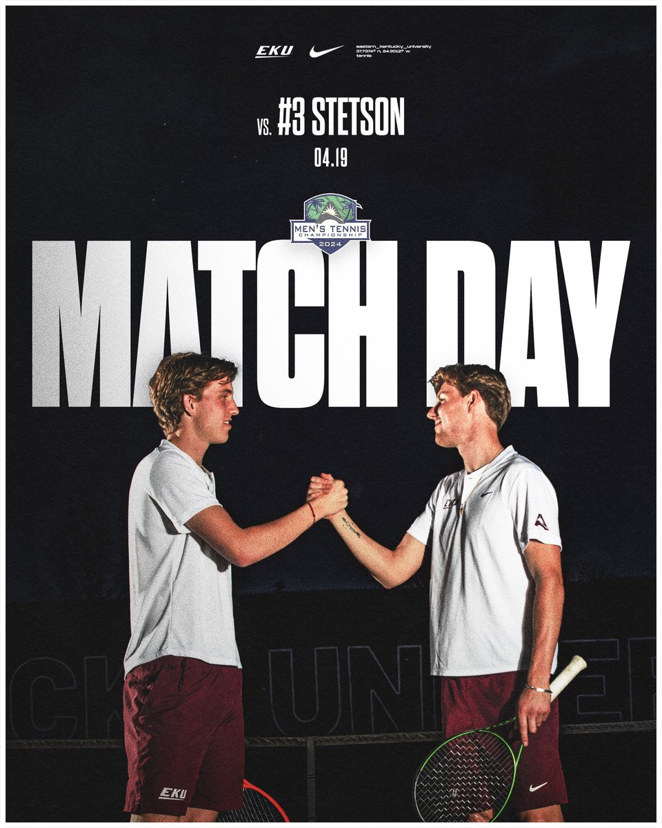 The ASUN Conference Championship is here!

🆚 - No. 3 Stetson
⏰ - 5:00 PM
📍 - Fort Myers, FL
🏟️ - FGCU Tennis Complex
📊 - t.ly/8YOR1

#GoBigE