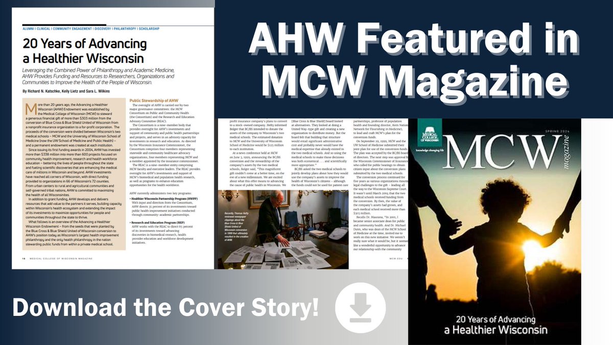 AHW Featured as @MedicalCollege Magazine Cover Story! 🎉 In 20 yrs, AHW has invested $338M+ in nearly 650 projects across #Wisconsin, empowering researchers and communities to enhance #publichealth. Download⏬the MCW Magazine cover story to learn about AHW’s history and impact…