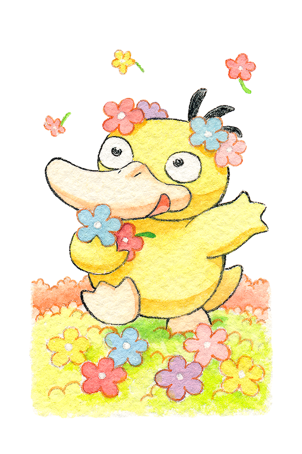 Flower Field Psyduck, inspired by Keiko Fukuyama's illustrations.