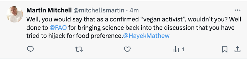 Meat industry comms in a nutshell. A comms director for a livestock pharmaceutical company criticizes a scientist for challenging the FAO's citation of his own research by suggesting mis-citation is good science, then uses unattributed scare quotes, then tags the wrong guy.