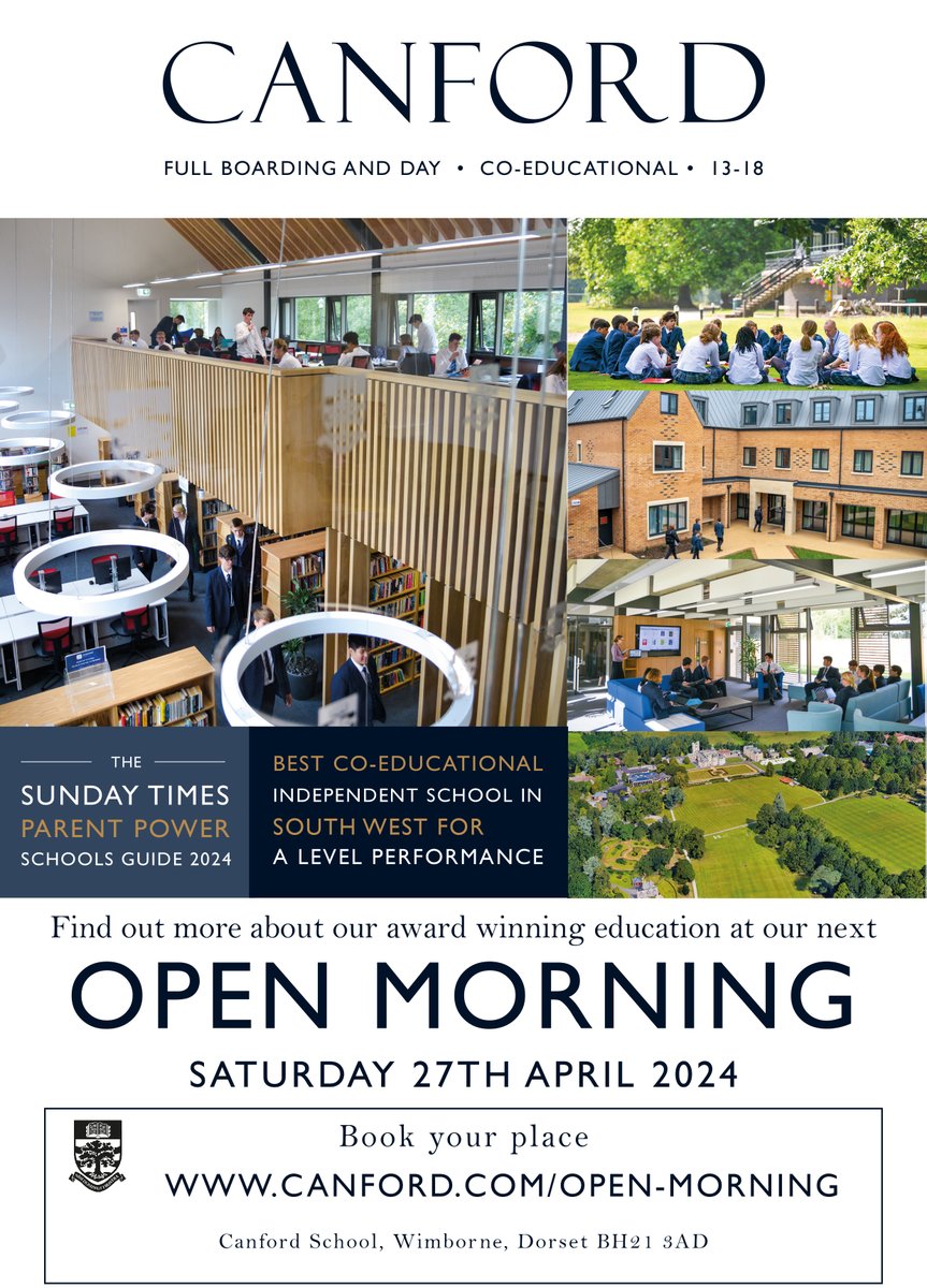 We look forward to welcoming prospective families to our next Open Morning ⬇️ 🗓️ Saturday 27th April 🕘9am (16+ arrival) 🕤 9.30am (13+ arrival) 🕐 1.00pm event closes To book please visit 🔗 canford.com/open-morning Booking for this event will close on Thursday 25th April.