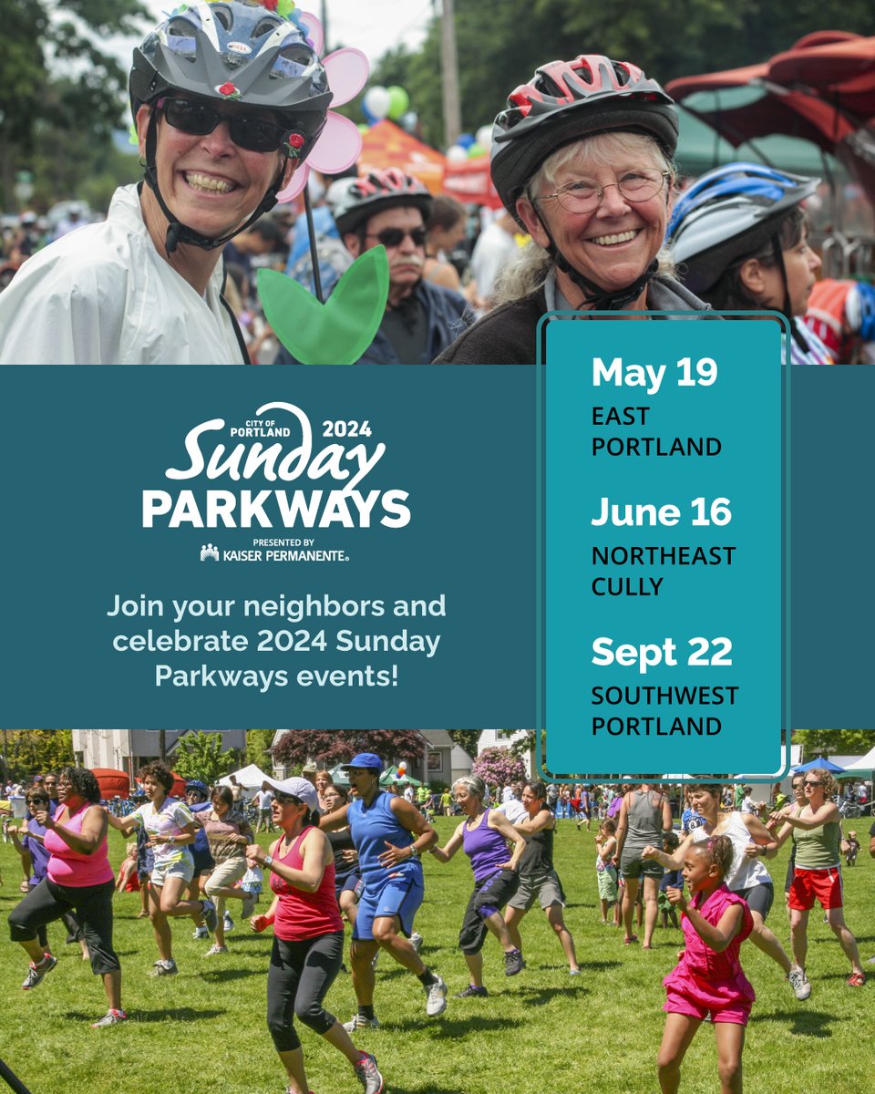 Did you save the dates? @SundayParkways, Presented by @KPNorthwest, is back for its 17th year! Mark your calendar for May 19 in East Portland, June 16 in Northeast Cully, and September 22 in Southwest Portland. Learn more at kp.org/sundayparkways #portlandsundayparkways