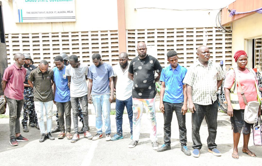UPDATE: The Lagos State Government has apprehended 10 fake enforcement officials at Cele/Itire axis of the state. The apprehended persons; Ojo Oluwaseun, Rafiu Agbabiaka, Babatunde Ibrahim, Abiodun Olusegun, Daniel Olanrewaju, Aweda Kabiru, Olufowobi Michael, Olamilekan