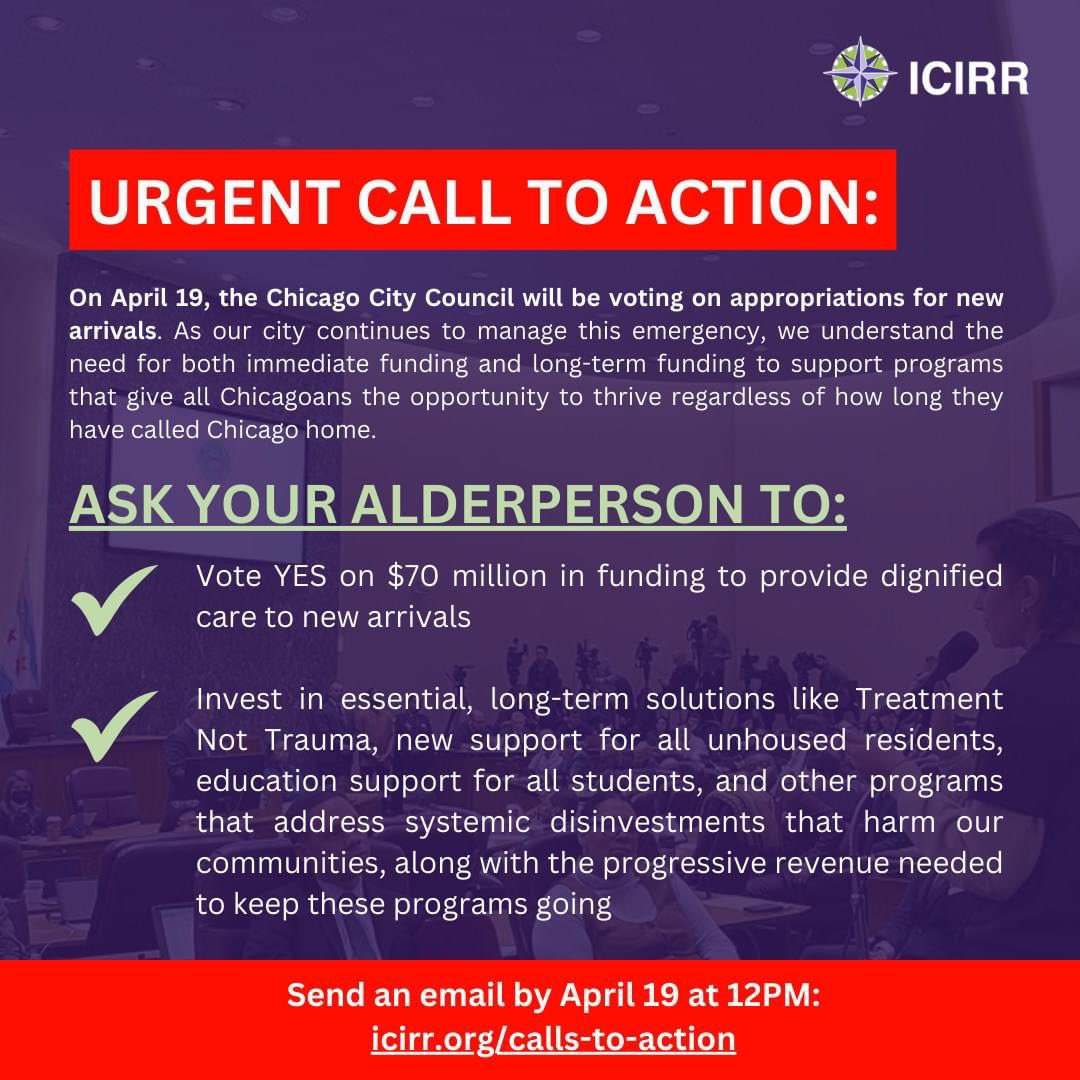 🚨 URGENT @icirr ACTION 🚨 Chicago City Council is voting on emergency appropriations for new migrant arrivals TODAY. Email your Alder & ask them to vote YES on emergency appropriations and support long-term solutions that help ALL Chicagoans! ➡️ p2a.co/lIqohkU