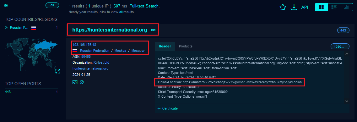 vxunderground's tweet photo. .@crocodylii found Hunters International ransomware group left their Tor domain publicly indexable 😭😭😭😭 https://t.co/gw3On6hJhk