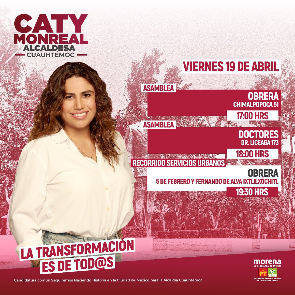 ¡Bonito viernes! Nos vemos en las colonias Obrera y Doctores, para que juntas y juntos #TransformemosCuauhtémoc 🫶🏻