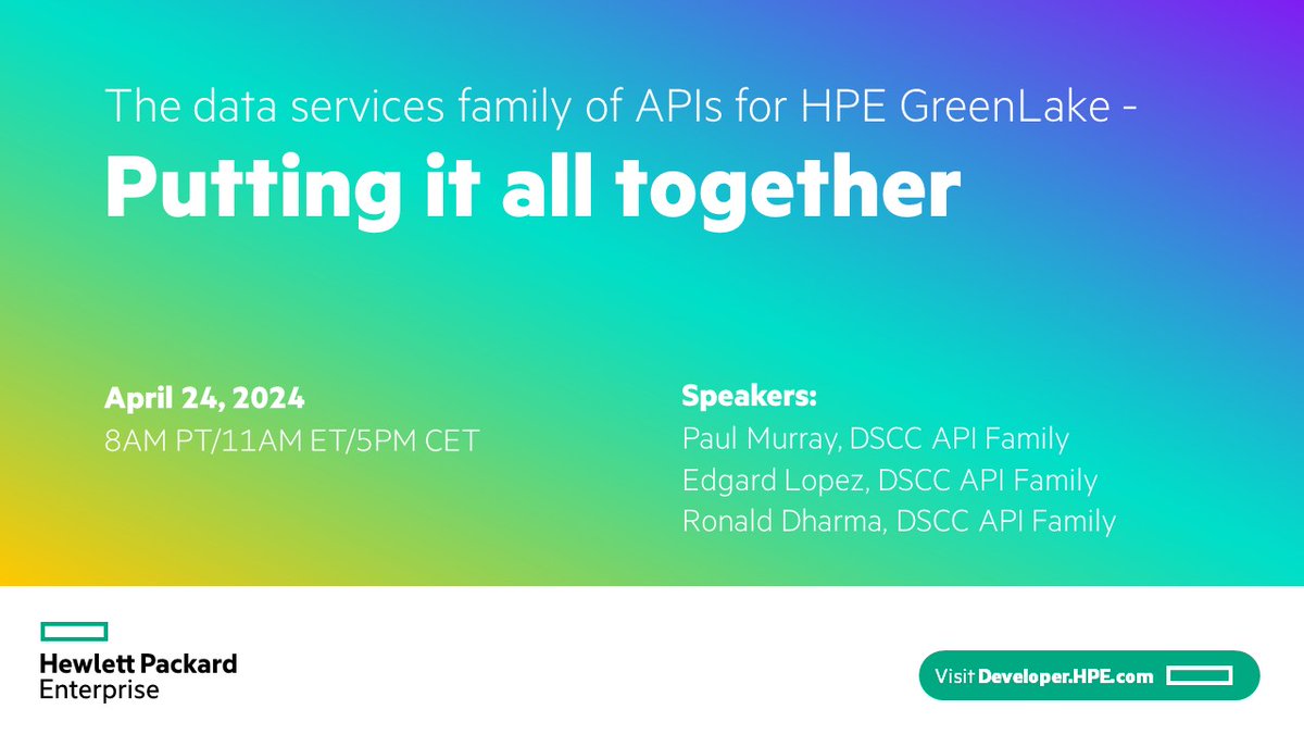 HPE_Developer's tweet photo. Don’t forget! Our April 24 HPE Developer Meetup (8am PT/5pm CET) will introduce you to the data services family of APIs for HPE GreenLake, how to interact with them, &amp; their relation to DSCC Storage APIs published earlier. #HPEDEV https://t.co/yAkLgMxQWS https://t.co/5oY97q0AaP