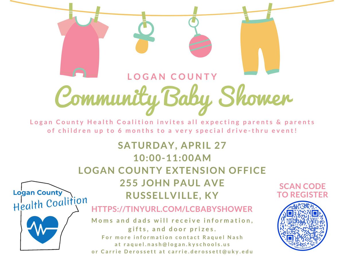 THIS SATURDAY! The Logan County Health Coalition is hosting a community baby shower at the Logan County Extension Office from 10AM to 11AM. Any expecting parents or parents of children under 6 months old are welcome. 🍼 Visit tinyurl.com/lcbabyshower to register!