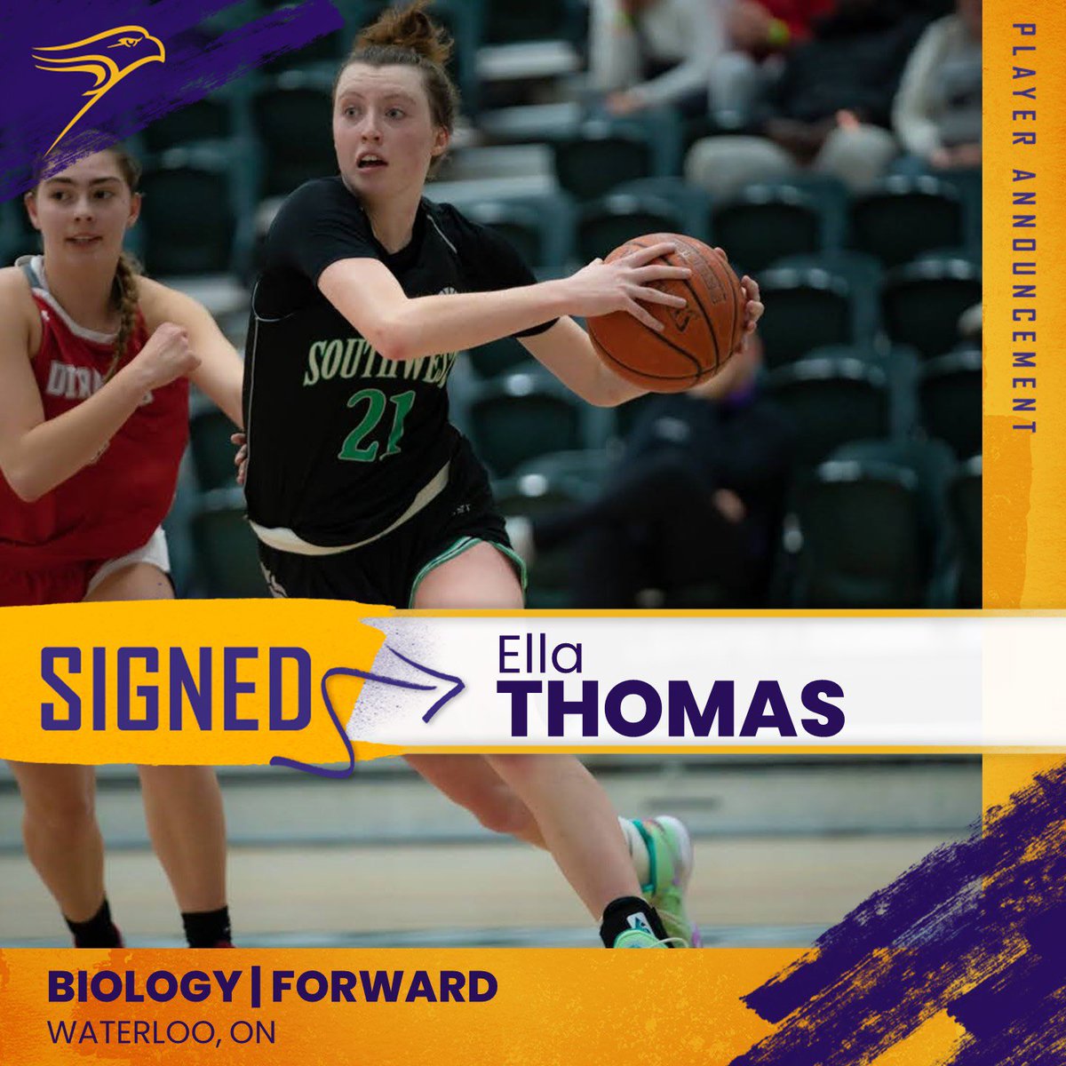 ✍️ Join us in welcoming our next recruit of the ‘24-25 class, a local 6’0 forward from Waterloo, Ella Thomas! Ella played for OSBA’s Southwest Academy. Welcome home Ella! 💜💛