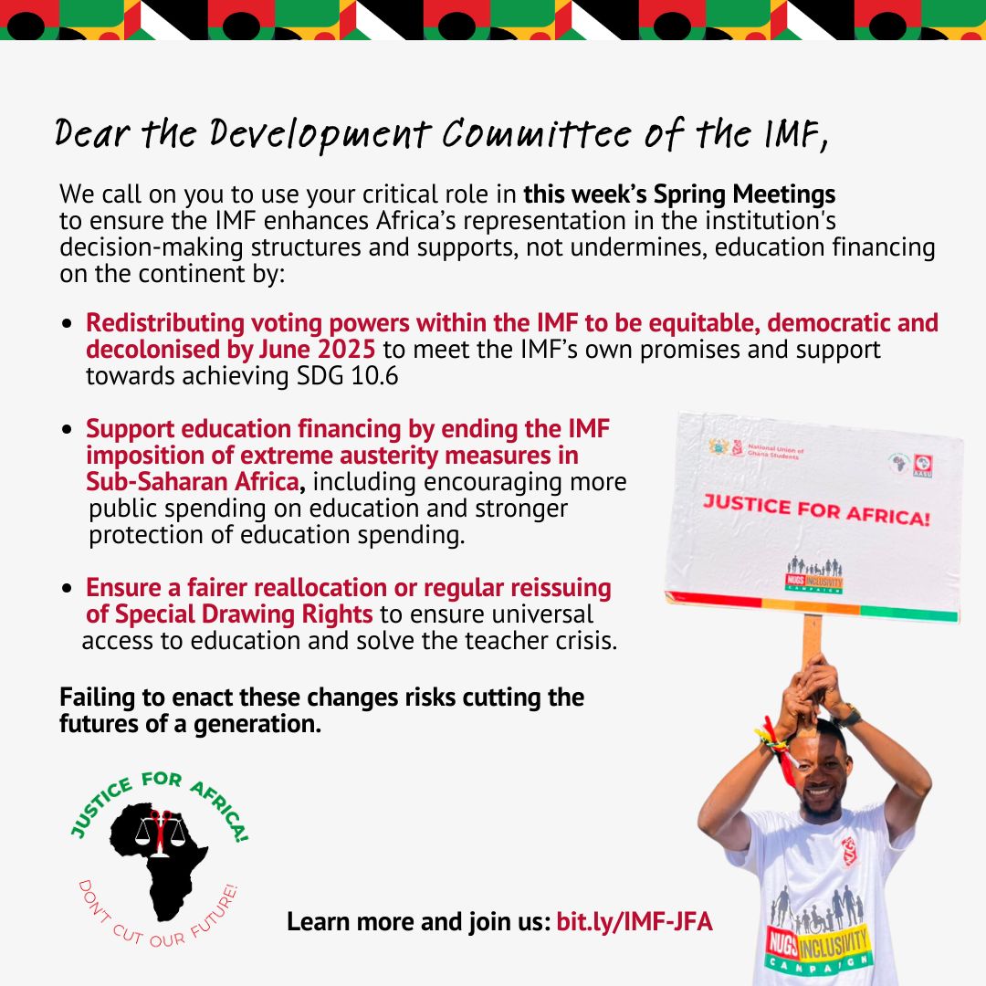 Today @IMFNews & @WorldBank Development Committee hold their #SpringMeetings2024 
@Haddad_Fernando @nsitharaman @mariomarcelc @R_Ramirez_O @FettahNadia @ru_minfin @Thavisin @memetsimsek will you use your important role to support #JusticeForAfrica & #education financing by ⬇️