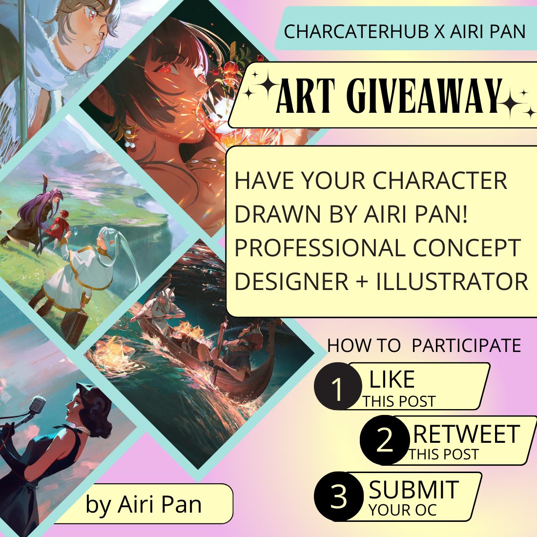 Win Art from <a href="/pix_bun/">Airi</a>! 🌟

Airi Pan is a Concept Designer for movies, games, and animation! She’s worked with Activision, Blizzard, Pixar, Netflix, Warner Bros, and more!

👉Retweet &amp; Like This Post
👉Submit a character you want to win art of here: characterhub.com/events/task/66…