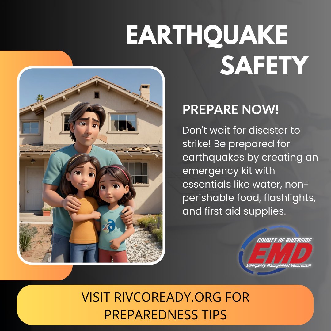PREPARE NOW! Don't wait for disaster to strike! Be prepared for earthquakes by creating an emergency kit with essentials like water, non-perishable food, flashlights, and first aid supplies. #earthquake #rivcoready <a href="/RivCoNow/">County of Riverside</a>