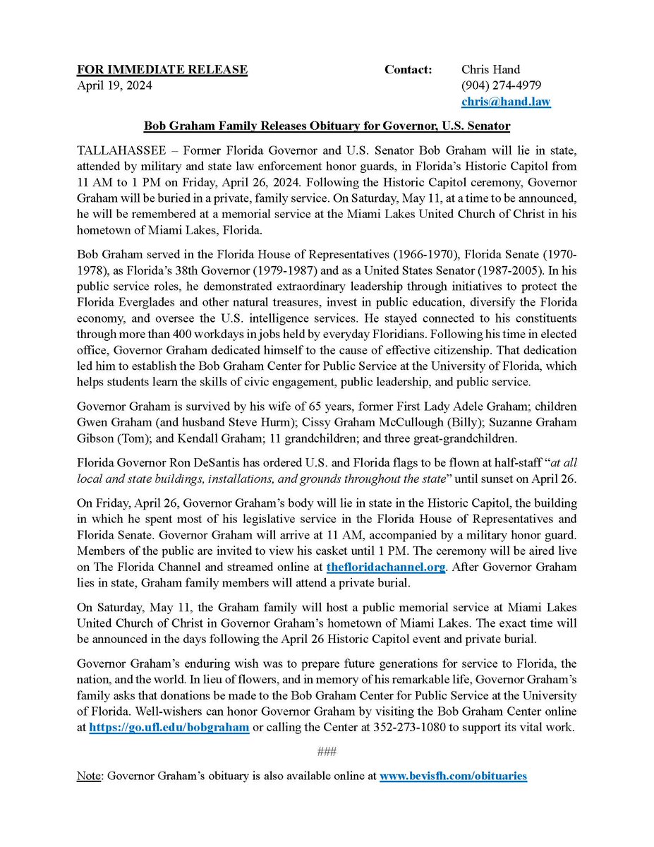 The family of Florida Gov. & U.S. Sen. Bob Graham has released his obituary & details on services to honor him. He will lie in state at Florida's Historic Capitol from 11 AM to 1 PM on Friday, April 26. The ceremony will be open to the public & aired on @floridachannel. (1/2)