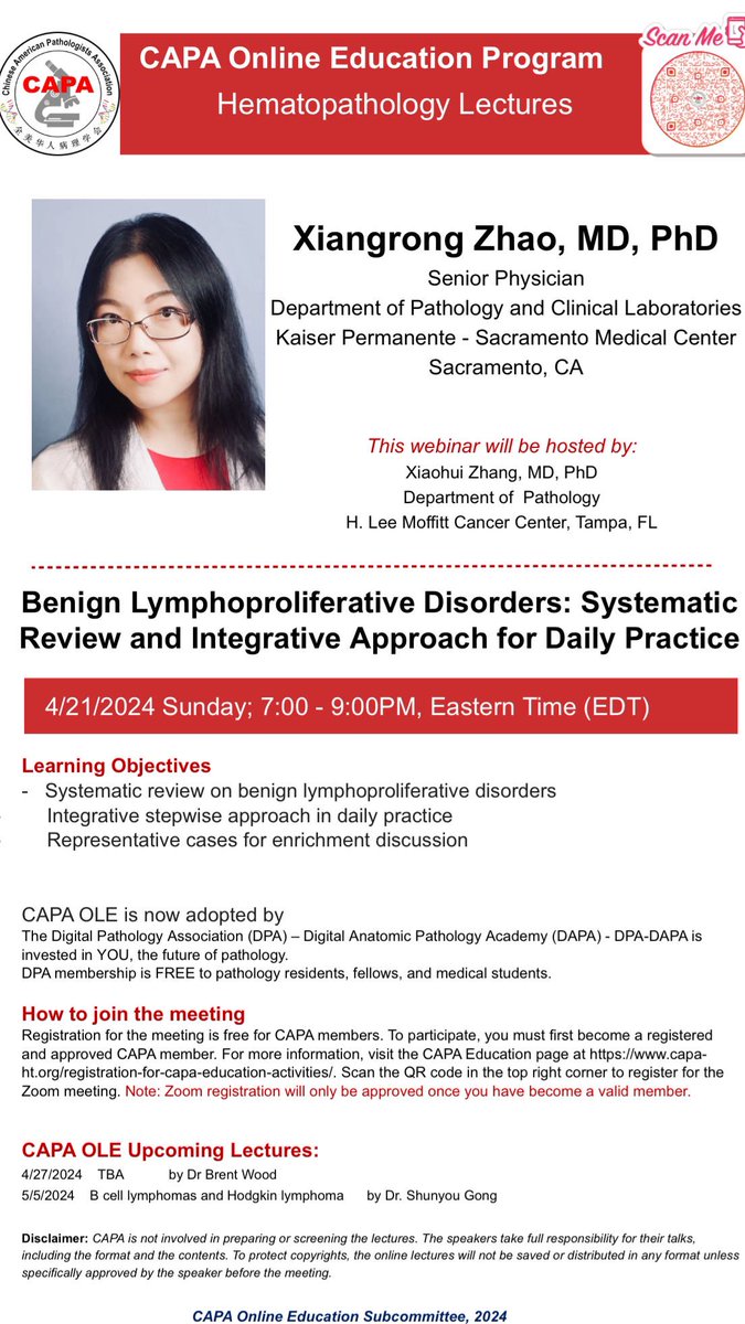 ✨#PathTwitter: Beginning this Sunday (4/21) at 7PM ET, we will launch our new #HemePath seminar series. First speaker will be Dr. Xiangrong Zhao from @aboutKP. Join her discussion on the daily practice concerning benign lymphoproliferative disorders. Host: Dr. Zhang @zhangxhui1