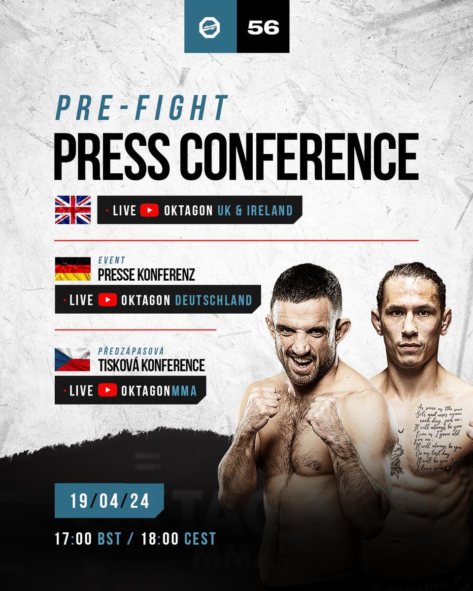 🎤 OKTAGON 56 pre-fight press conference The stars of the show in Birmingham tomorrow including Aby, Creasey, Wanliss, Siraj and Rock take to the microphone one final time. What will their last message be for each other? ⏰ 5pm🇬🇧🇮🇪/6pm🇨🇿🇸🇰🇩🇪🇵🇱 📺 youtube.com/live/WGlDZ3PYZ…
