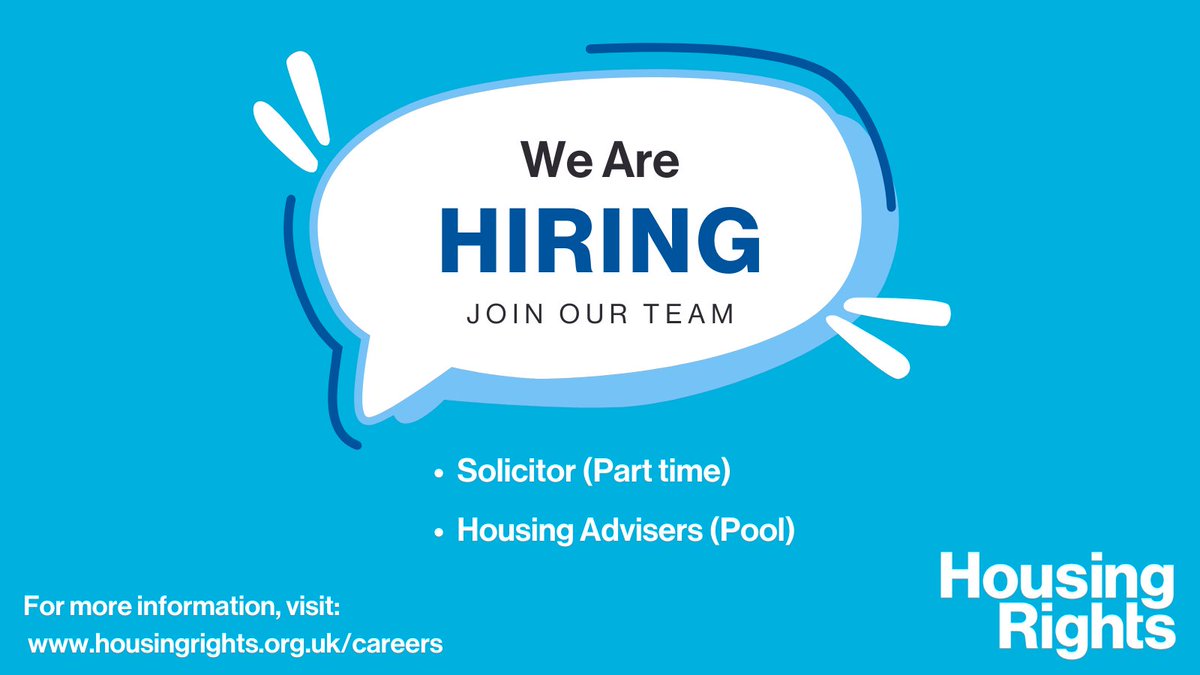 We are #Hiring! Join our team and help make a difference to people’s lives! We are recruiting for a Solicitor (Part time) and Housing Advisers (Pool). For more information and to apply, visit: housingrights.org.uk/careers