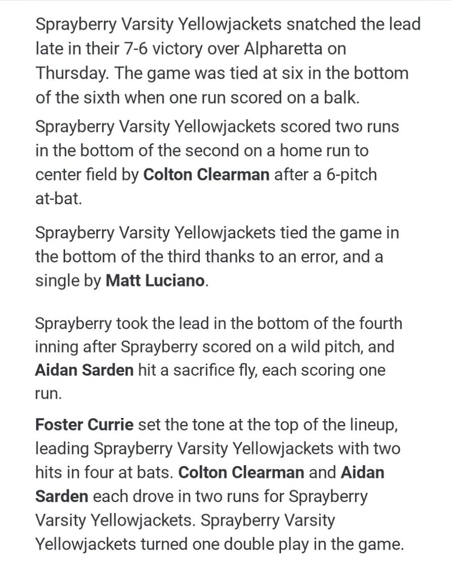 Sprayberry Baseball (@shsjaxbaseball) on Twitter photo Highlights from Game 3 vs Alpharetta. <a href="/ColtonClearman/">Colton Clearman</a> <a href="/MattLuciano11/">Matt Luciano</a> <a href="/AidanSarden/">Aidan Sarden</a> @FosterCurrie <a href="/PG_Georgia/">Perfect Game Georgia</a> <a href="/PrepBaseballGA/">Prep Baseball Georgia</a> <a href="/GeorgiaMaxPreps/">Georgia MaxPreps</a> Highlights from Game 3 vs Alpharetta. <a href="/ColtonClearman/">Colton Clearman</a> <a href="/MattLuciano11/">Matt Luciano</a> <a href="/AidanSarden/">Aidan Sarden</a> @FosterCurrie <a href="/PG_Georgia/">Perfect Game Georgia</a> <a href="/PrepBaseballGA/">Prep Baseball Georgia</a> <a href="/GeorgiaMaxPreps/">Georgia MaxPreps</a>