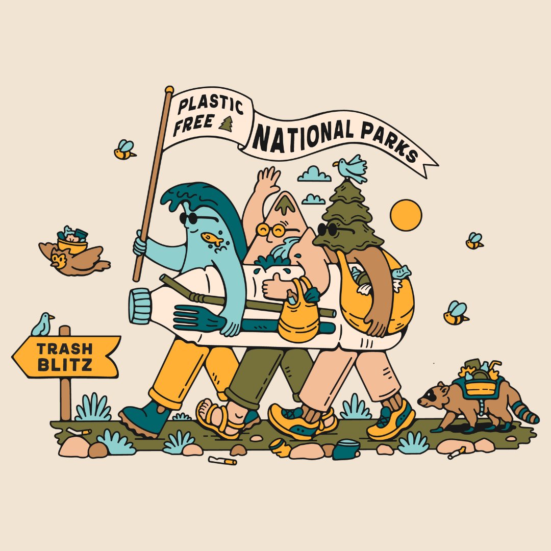 📢 #PlasticFreeParks is back for the third year! 🏞️ Join us as we kick off another season of collecting data on plastic pollution in national parks across the U.S. Sign up and learn more at 5gyres.org/plasticfreepar… 🎨: DomFish Designs