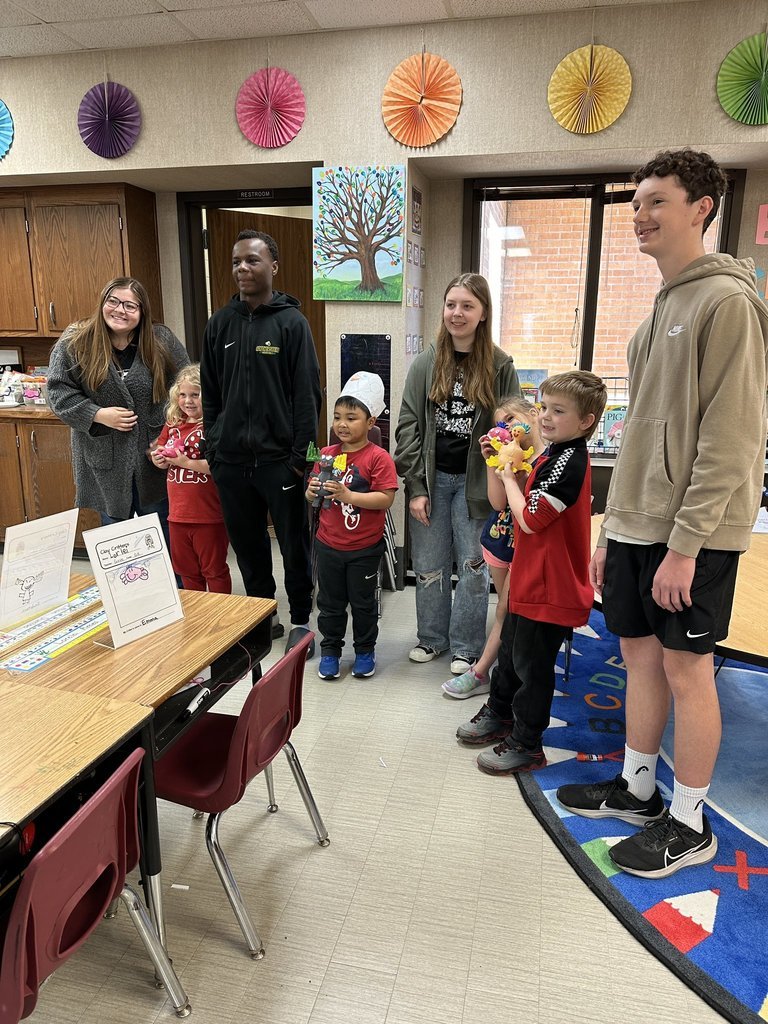 Northeastern Elementary and Northeastern HS art teachers created a collaboration where kindergarteners drew a 'Clay Critter' and high school students brought them to life in their 3D classes with clay. Today the HS students got to give their sculptures to original artists!