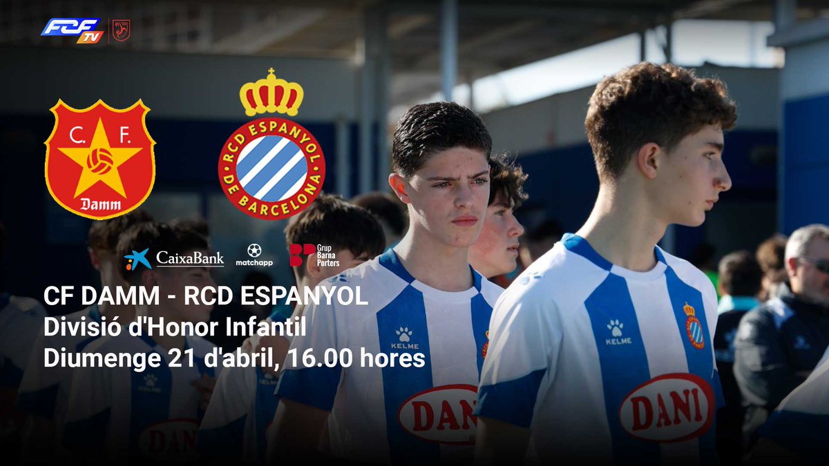 📢 La Divisió d'Honor Infantil en directe ⌛️ Menys de 30 minuts... ⚽️ @CFDamm 🆚 @RCDE_La21 🏆 J 26 | #DHInfantil ⏰ 16.00 hores 🏟️ Feliu i Codina 📺 fcf.tv #futbolformatiu