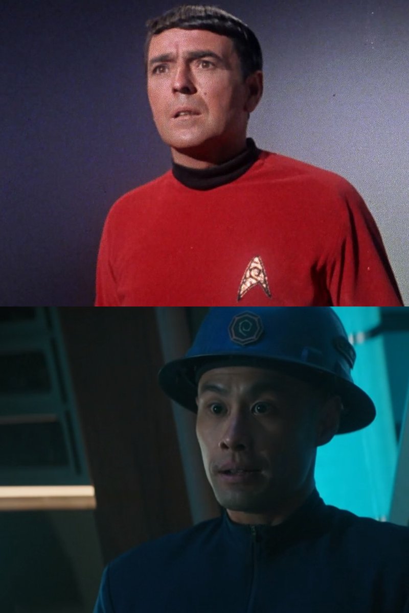 The drydock construction worker in #StarTrekDiscovery's 'Face the Strange'⬇️ is wearing a helmet with the operations insignia. It was first seen on the (red) security/engineering/operations uniforms in #StarTrekTOS ('Mudd's Women'⬆️).