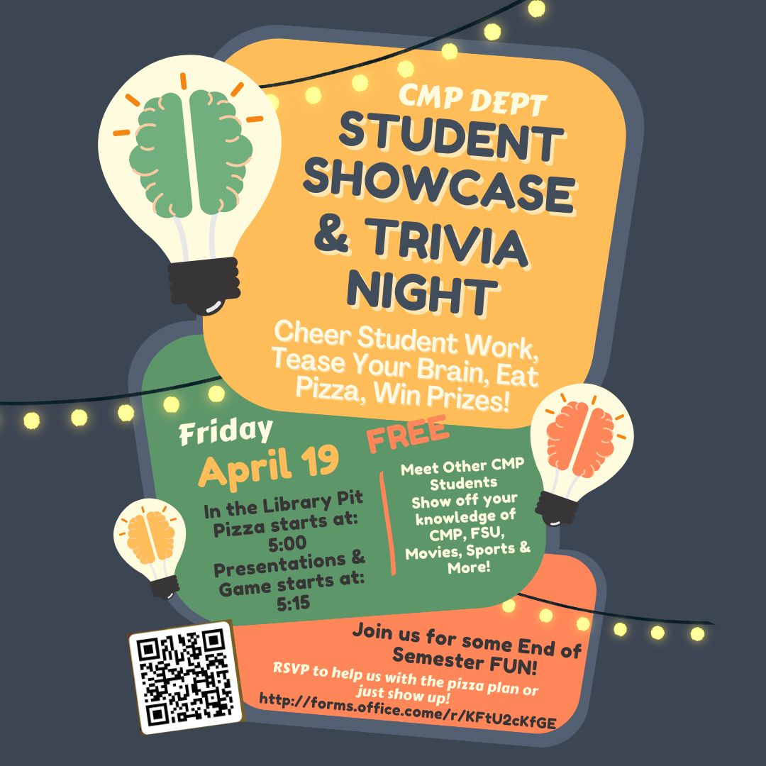CommartsFsu's tweet image. Make sure to join us for the CMP Student Showcase &amp;amp; Trivia Night in the Library Pit at 5:00 PM today! #Commarts #CMP #Trivianight #Studentshowcase