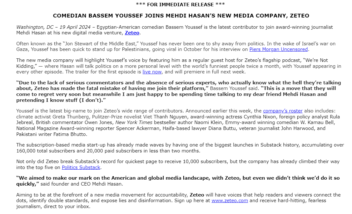 justinbaragona's tweet photo. INBOX: Mehdi Hasan's new media company Zeteo announces the hiring of a new contributor -- comedian Bassem Youssef, also known as the "Jon Stewart of the Middle East" https://t.co/0xM8Y18Ioj