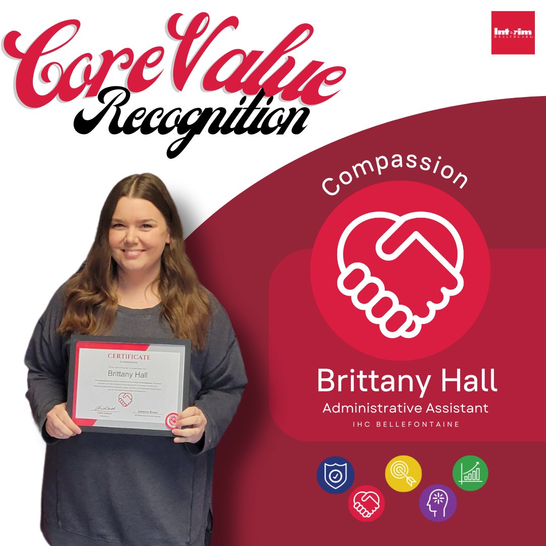 🌟 Exciting news! Brittany has been nominated for a Compassion Core Values Award at Interim HealthCare! 🏆 She's shown incredible dedication, empathy, and a positive attitude in her short time with us.👏❤️ #IHCMakeADifference #EmployeeSpotlight